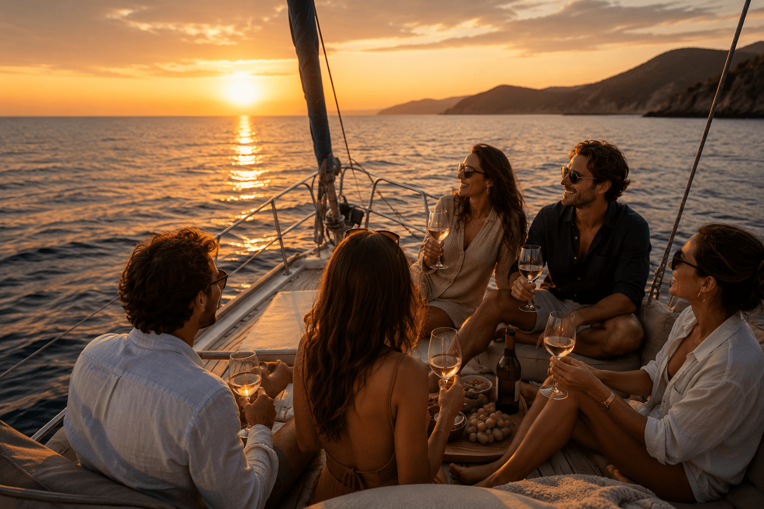 Un piccolo gruppo in conversazione vicino al mare, luce calda e atmosfera naturale