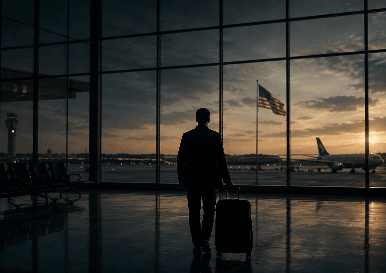 Uomo con valigia in un aeroporto americano al tramonto, davanti alle grandi vetrate con la bandiera degli Stati Uniti e un aereo sulla pista